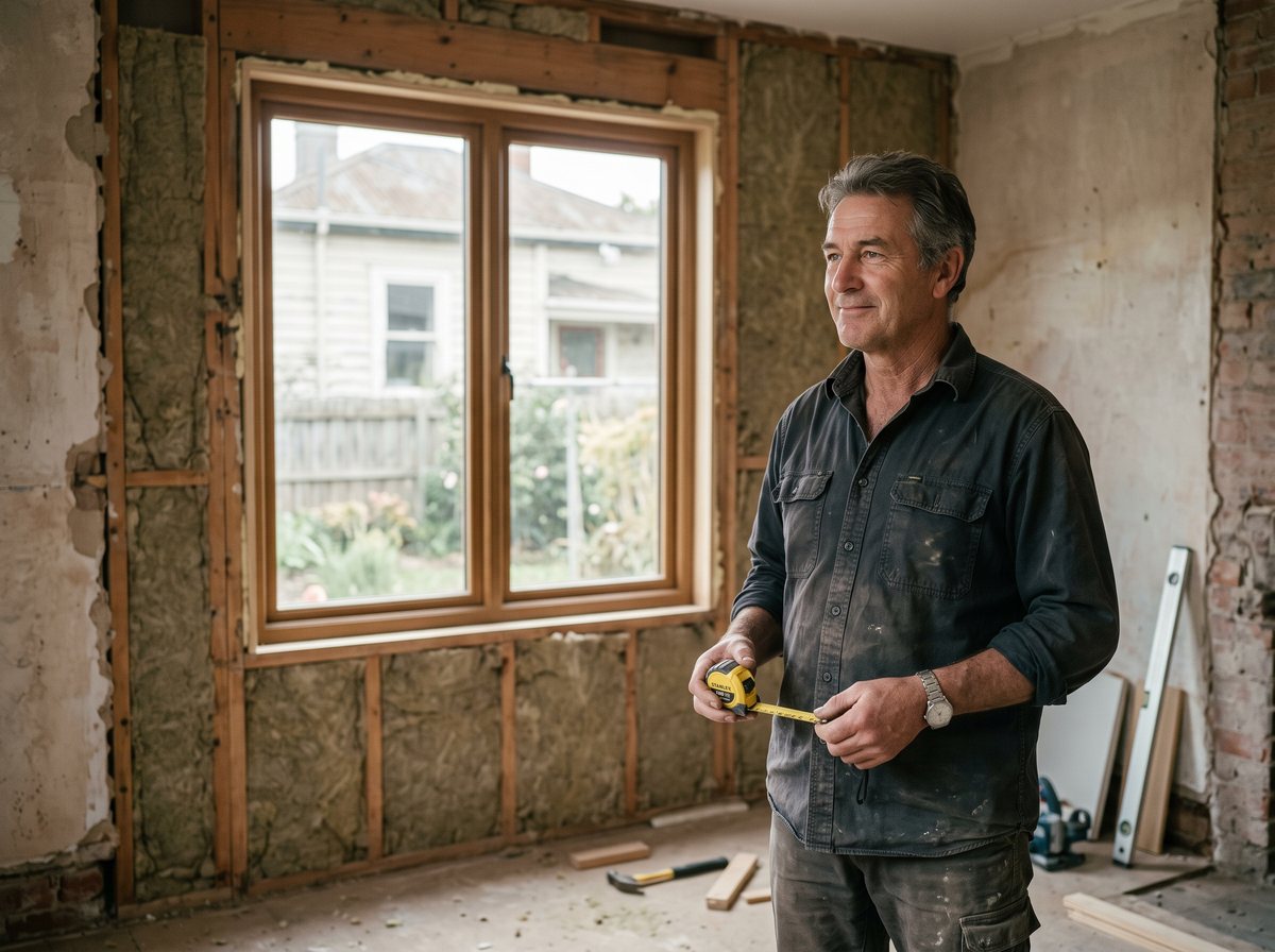 Hausbesitzer im renovierten Wohnzimmer